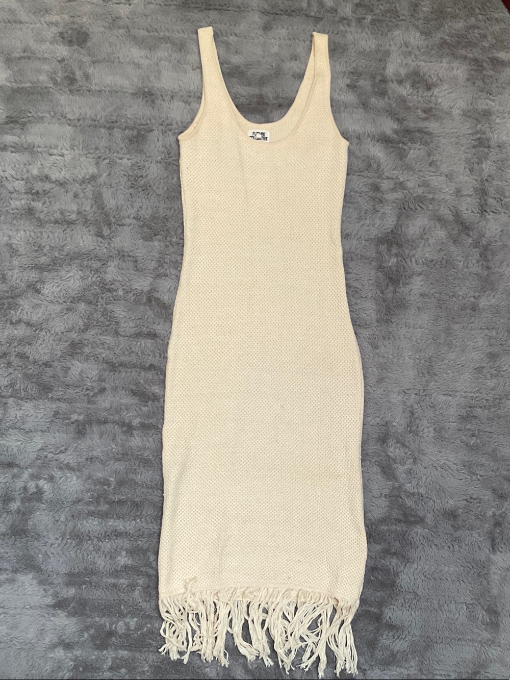 Future Collective Sleeveless Cream Knit Fringe Midi Dress